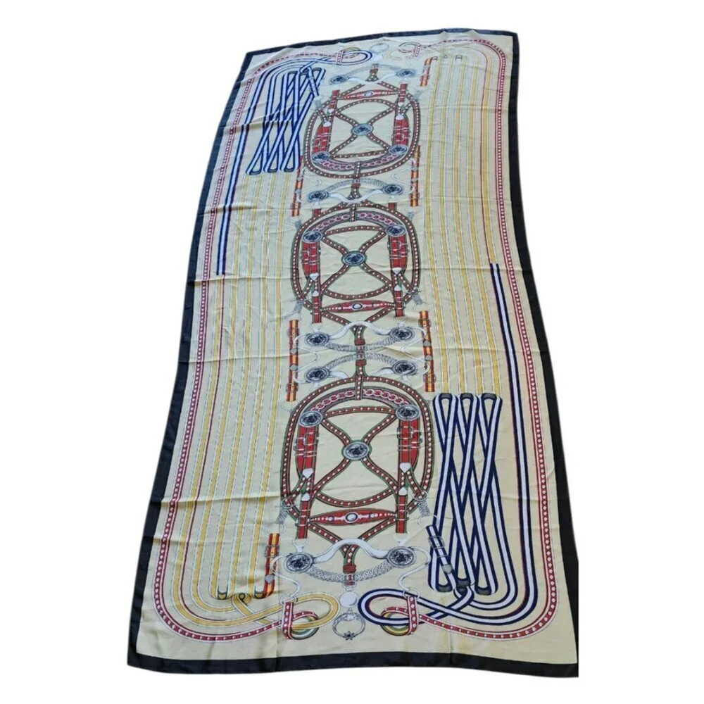 Designer Silk Scarf Beige Gold Red Navy Women’s Equestrian Print Chic Luxury